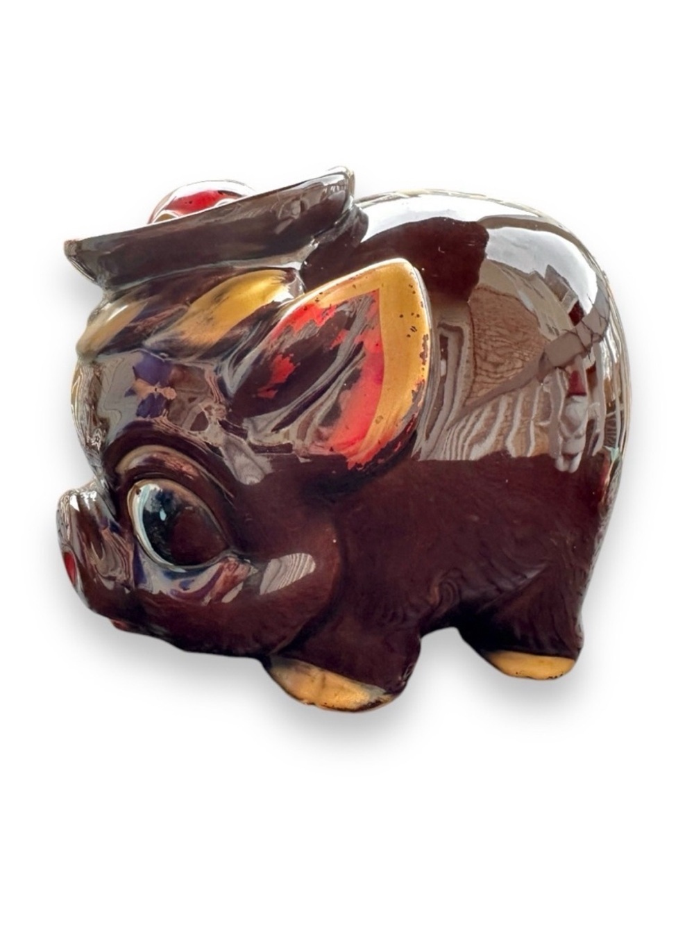 Vintage 70s Redware Japan Ceramic Brown Piggy Bank With Hat Hand Painted